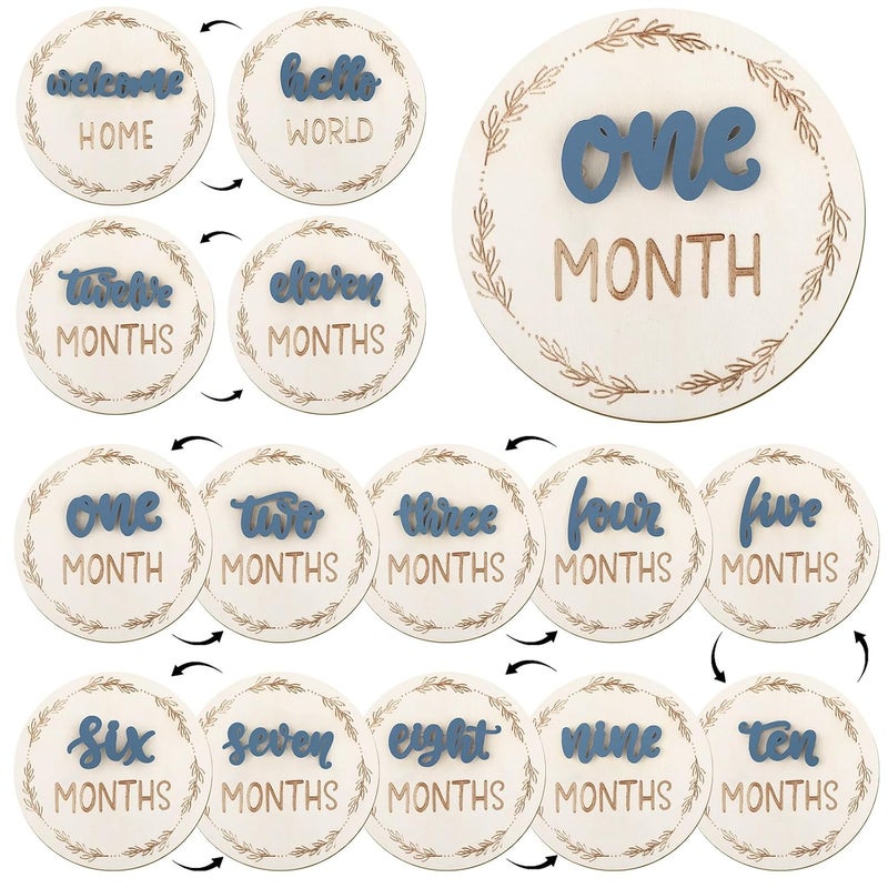 AuraRay Baby Monthly Milestone Cards, Wooden 3D Baby Milestone Signs, Double Sided Blue Monthly Baby Milestone for Newborn Boy Girl 1-12 Months Photos - Image 1